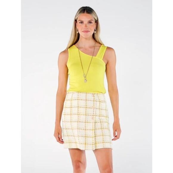 NWT CAbi #6362 Women's Yellow White Tweed Coco Mini Skirt Size 8 - Picture 2 of 8